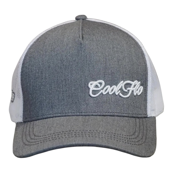 Front view of a Cool Flo Grey/White Trucker cap featuring an embroidered Mini Script logo positioned on the front left panel