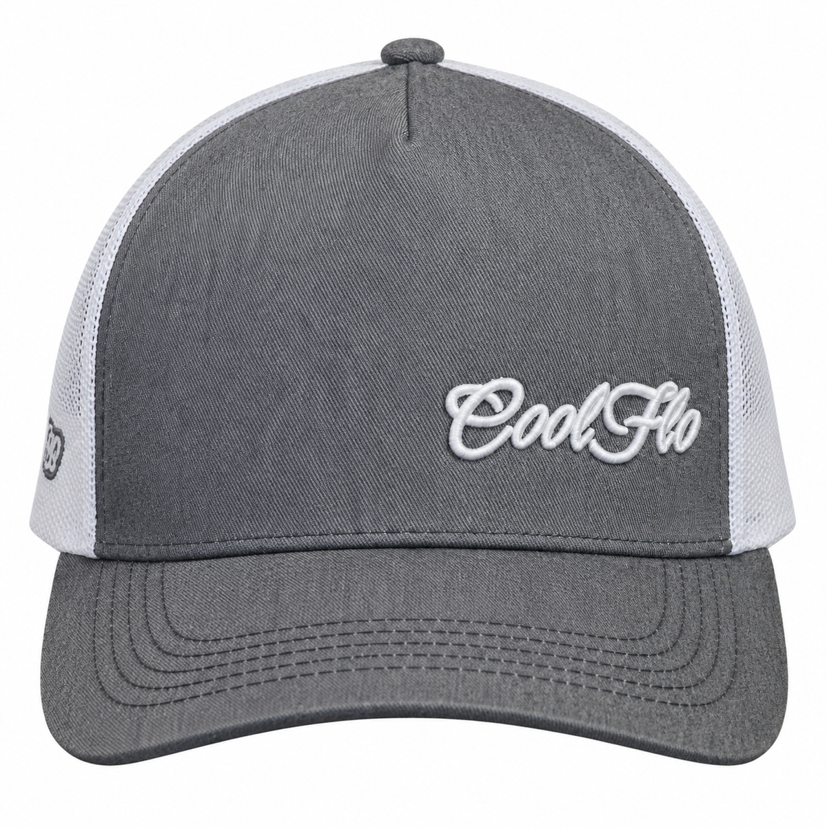 Front view of a Cool Flo Grey/White Trucker cap featuring an embroidered Mini Script logo positioned on the front left panel.