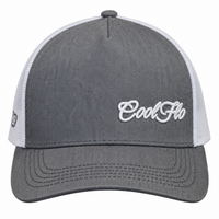 Front view of a Cool Flo Grey/White Trucker cap featuring an embroidered Mini Script logo positioned on the front left panel.