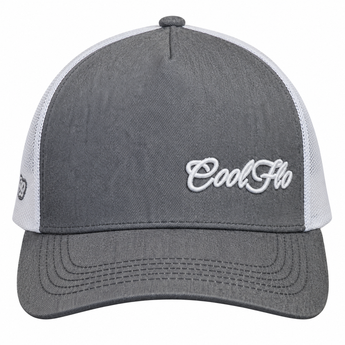Front view of a Cool Flo Grey/White Trucker cap featuring an embroidered Mini Script logo positioned on the front left panel.