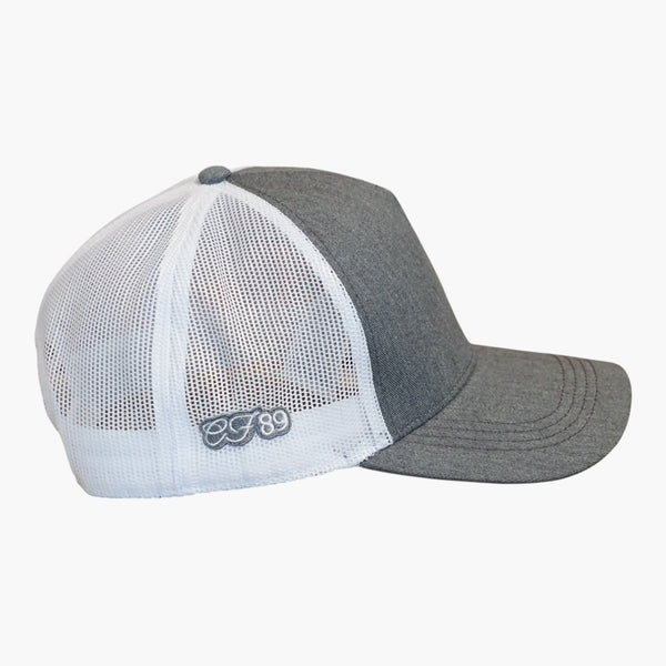 Side view of a Cool Flo Grey/WhitecTrucker cap featuring CF89 embroidered side detail and breathable mesh back panels.