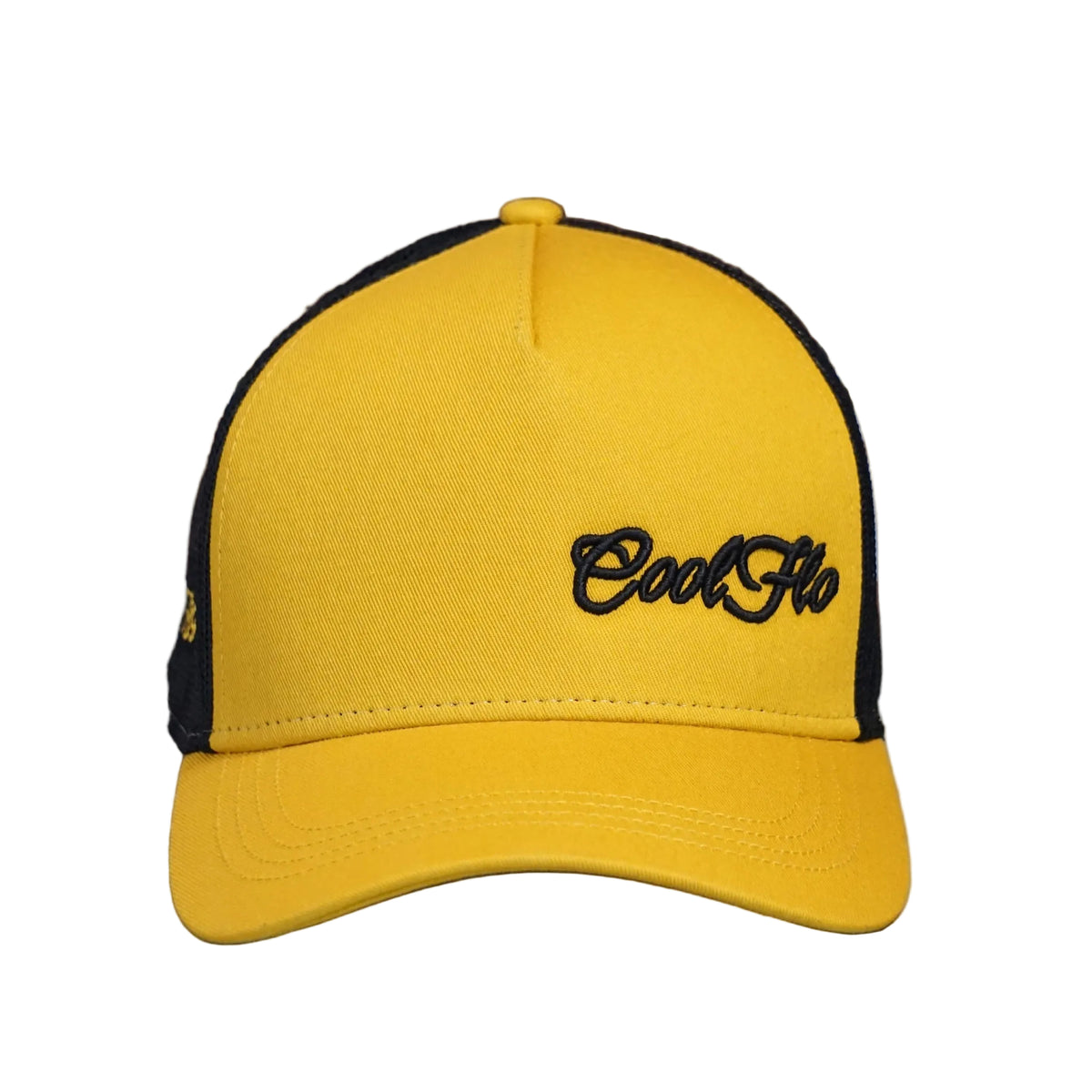 Front view of a Cool Flo Yellow/Black Trucker cap featuring an embroidered Mini Script logo positioned on the front left panel
