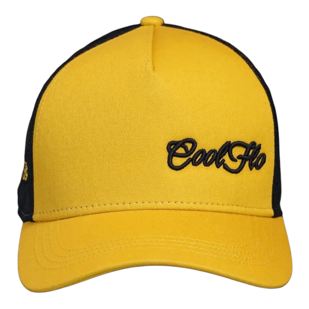 Front view of a Cool Flo Yellow/Black Trucker cap featuring an embroidered Mini Script logo positioned on the front left panel