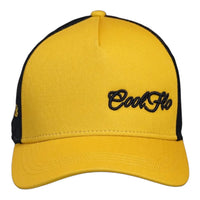 Front view of a Cool Flo Yellow/Black Trucker cap featuring an embroidered Mini Script logo positioned on the front left panel