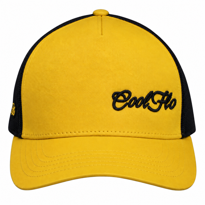 Front view of a Cool Flo Yellow/Black Trucker cap featuring an embroidered Mini Script logo positioned on the front left panel.