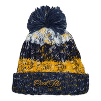 Chunky-knit bobble hat with script logo and pom pom.  Blue, yellow and white.