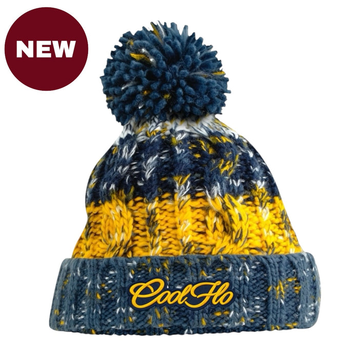 Chunky-knit bobble hat with script logo and pom pom.  Blue, yellow and white.