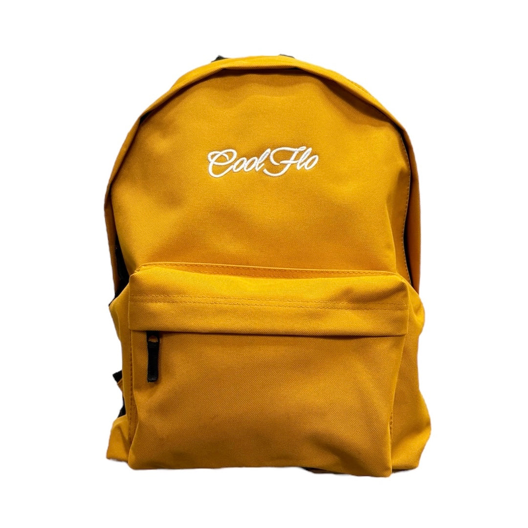 Mustard yellow backpack with white embroidered Cool Flo logo on the front.