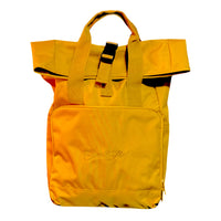 Mustard yellow roll-top back pack with Cool Flo logo embroidered on front pocket in complimentary tonal colour