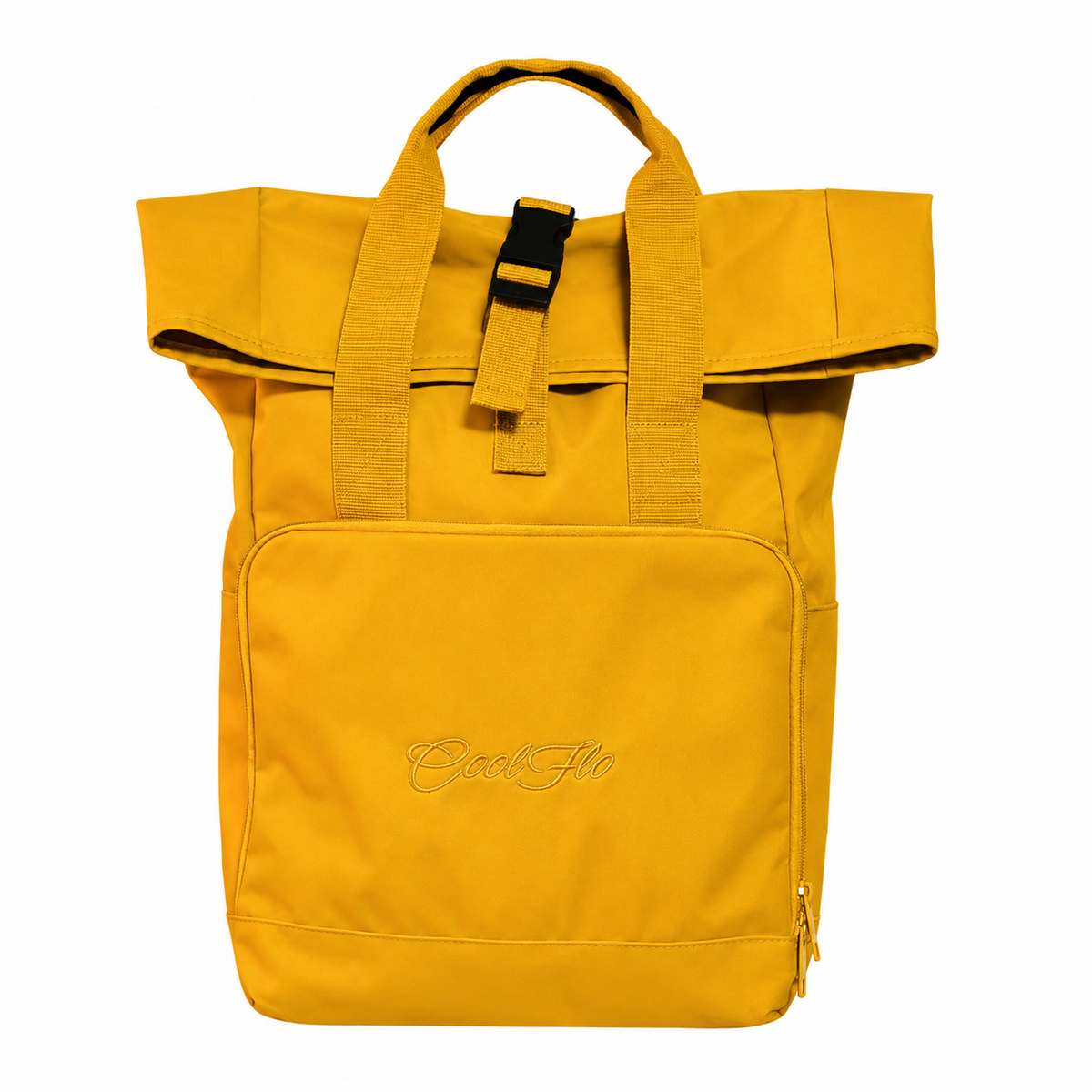 Mustard yellow roll-top back pack with Cool Flo logo embroidered on front pocket in complimentary tonal colour