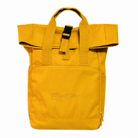 Mustard yellow roll-top back pack with Cool Flo logo embroidered on front pocket in complimentary tonal colour