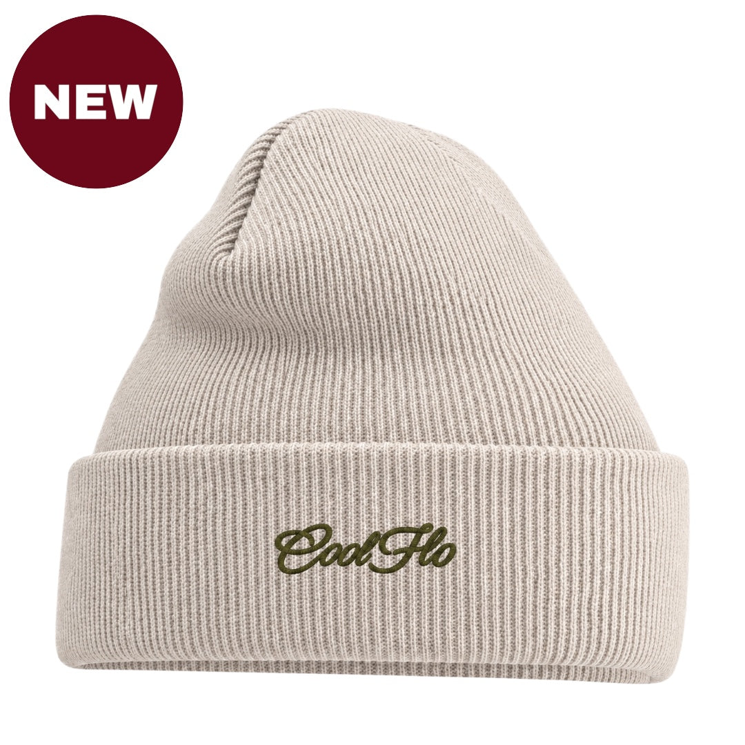 'NEW' Cool Flo Stone beanie with olive script logo embroidered on the cuff.