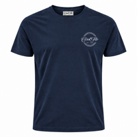 Front of Cool Flo Navy t-shirt featuring a white left-chest print of the Cool Flo logo and 'Est 1989' within a double-line circular shape.