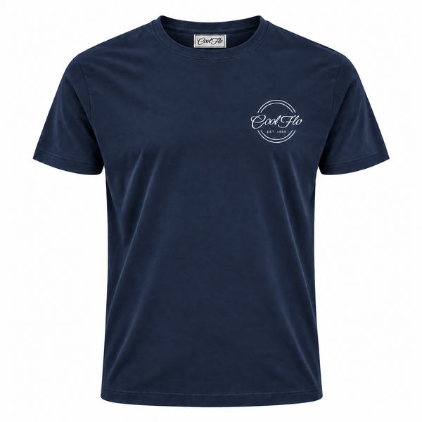 Front of Cool Flo Navy t-shirt featuring a white left-chest print of the Cool Flo logo and 'Est 1989' within a double-line circular shape.