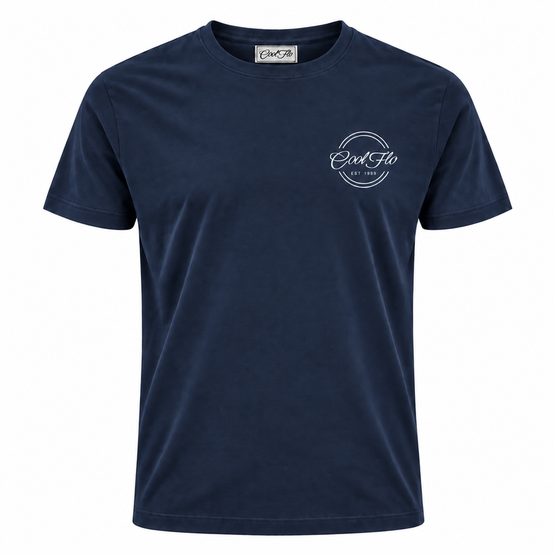 Front of Cool Flo Navy t-shirt featuring a white left-chest print of the Cool Flo logo and 'Est 1989' within a double-line circular shape.
