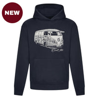 'NEW' Navy Cool Flo Bus hoody featuring a vintage camper graphic in grey on the front.