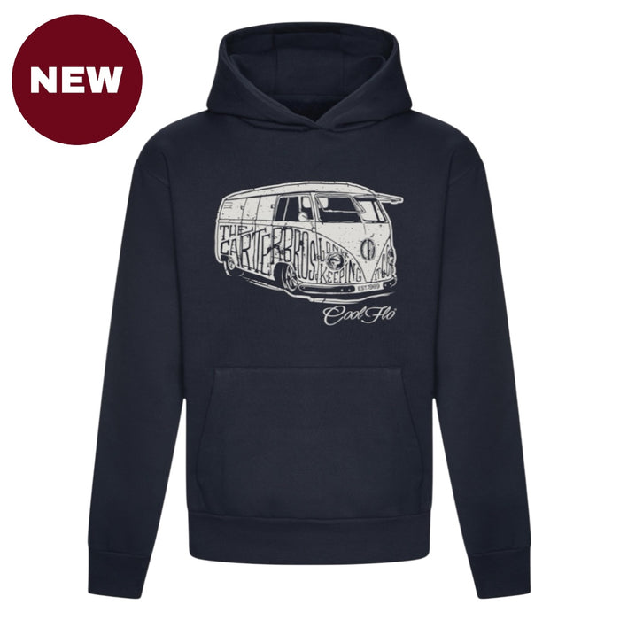 'NEW' Navy Cool Flo Bus hoody featuring a vintage camper graphic in grey on the front.