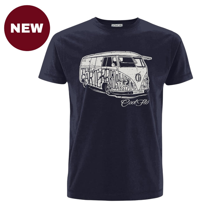 'NEW' Cool Flo  Bus T-shirt in navy blue featuring a grey vintage camper graphic on the front.