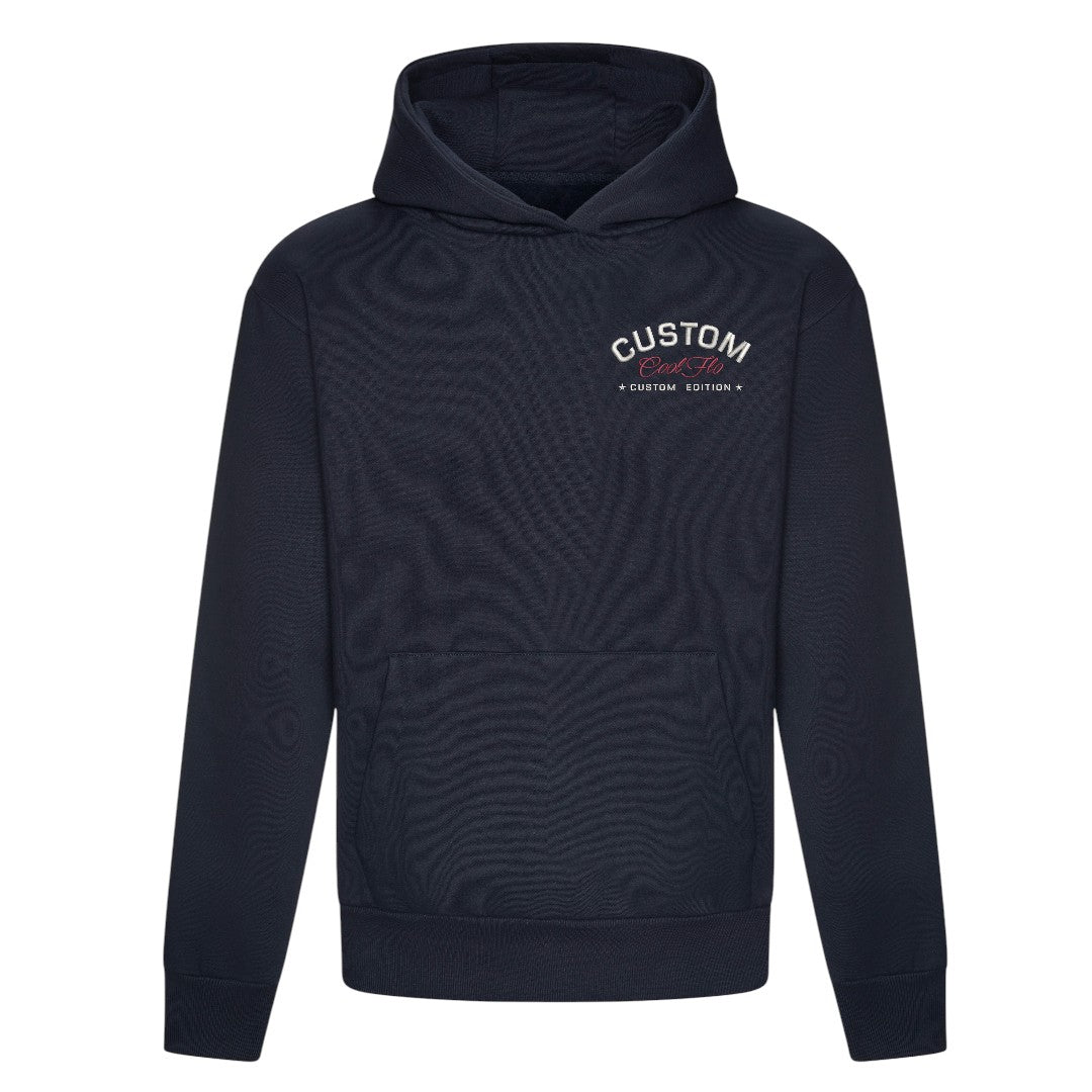 Cool Flo Custom Edition Pullover Hoody in Navy Blue with custom silver embroidery and dark red logo on left chest. 