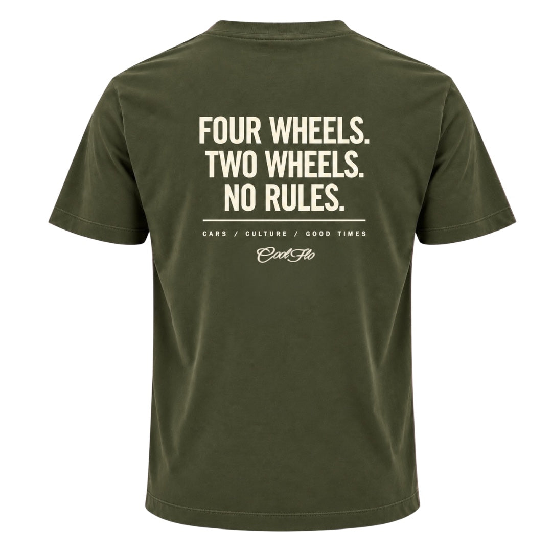 Back view of Cool Flo khaki  t-shirt, featuring a cream graphic print that reads 'FOUR WHEELS. TWO WHEELS.NO RULES.' with the strapline 'CARS/CULTURE/GOOD TIMES' and a central 'Cool Flo' logo below.