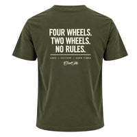 Back view of Cool Flo khaki  t-shirt, featuring a cream graphic print that reads 'FOUR WHEELS. TWO WHEELS.NO RULES.' with the strapline 'CARS/CULTURE/GOOD TIMES' and a central 'Cool Flo' logo below.