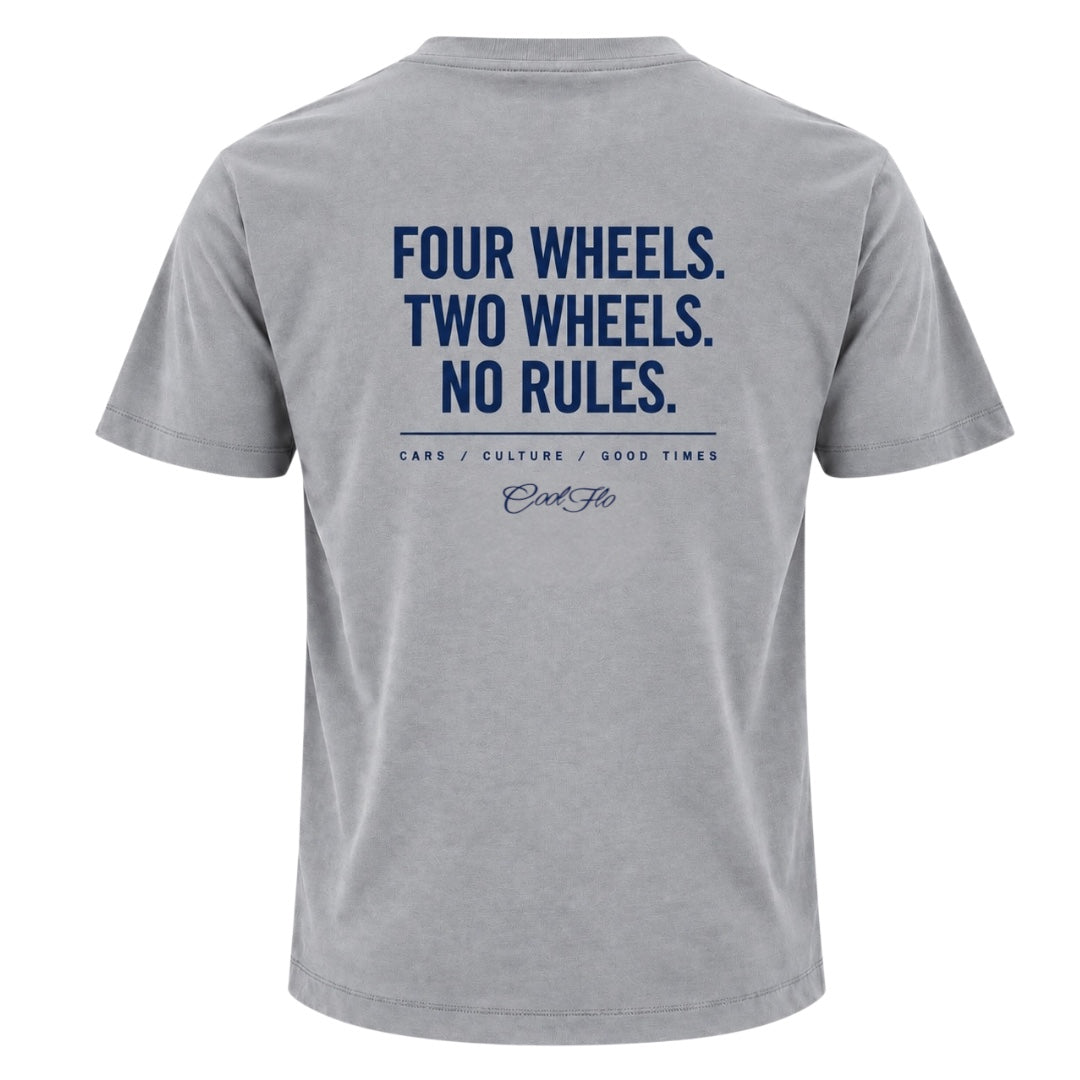 Back view of Cool Flo grey t-shirt, featuring a navy graphic print that reads 'FOUR WHEELS. TWO WHEELS.NO RULES.' with the strapline 'CARS/CULTURE/GOOD TIMES' and a central 'Cool Flo' logo below.