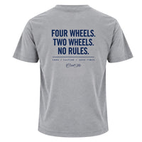 Back view of Cool Flo grey t-shirt, featuring a navy graphic print that reads 'FOUR WHEELS. TWO WHEELS.NO RULES.' with the strapline 'CARS/CULTURE/GOOD TIMES' and a central 'Cool Flo' logo below.