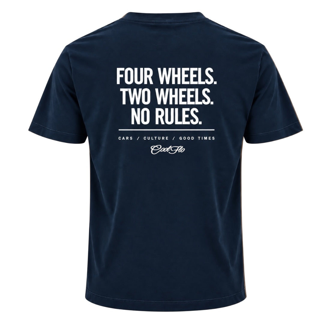 Back view of Cool Flo navy blue  t-shirt, featuring a white graphic print that reads 'FOUR WHEELS. TWO WHEELS.NO RULES.' with the strapline 'CARS/CULTURE/GOOD TIMES' and a central 'Cool Flo' logo below.