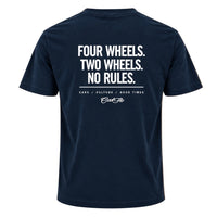 Back view of Cool Flo navy blue  t-shirt, featuring a white graphic print that reads 'FOUR WHEELS. TWO WHEELS.NO RULES.' with the strapline 'CARS/CULTURE/GOOD TIMES' and a central 'Cool Flo' logo below.