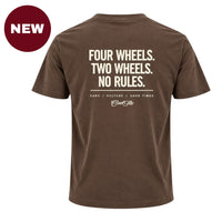 Back view of Cool Flo mocha  t-shirt, featuring a cream graphic print that reads 'FOUR WHEELS. TWO WHEELS.NO RULES.' with the strapline 'CARS/CULTURE/GOOD TIMES' and a central 'Cool Flo' logo below.