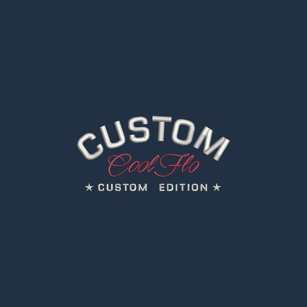 Close-up of Cool Flo Custom Edition Navy Sweatshirt with Red and Silver embroidery on left chest.