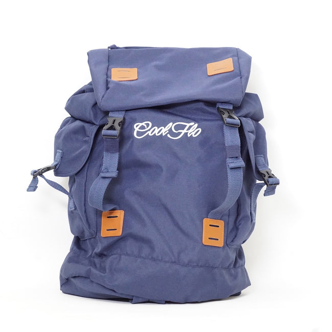 Navy blue explorer backpack with embroidered white Cool Flo logo on the front