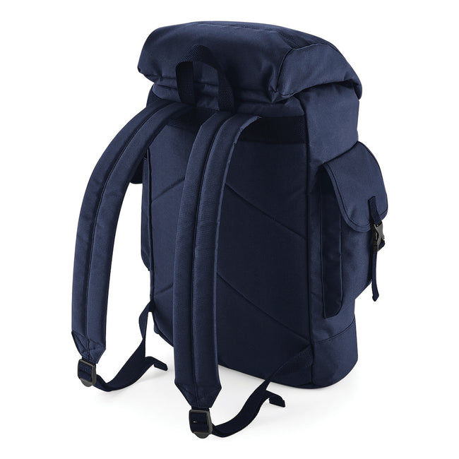 Reverse of Navy blue explorer backpack with embroidered white Cool Flo logo on the front