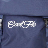 Close-up of Navy blue explorer backpack with embroidered white Cool Flo logo on the front