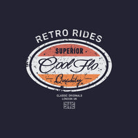 Cool Flo Retro Rides navy t-shirt with red, cream and orange print design - rollover image. 