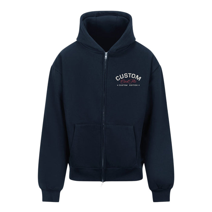 Cool Flo Custom Edition Navy Blue Zipped Hoody with red and silver left-chest embroidery.