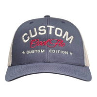 Cool Flo Custom Edition Navy and Silver Trucker Cap with silver custom embroidery and dark red logo, front view.