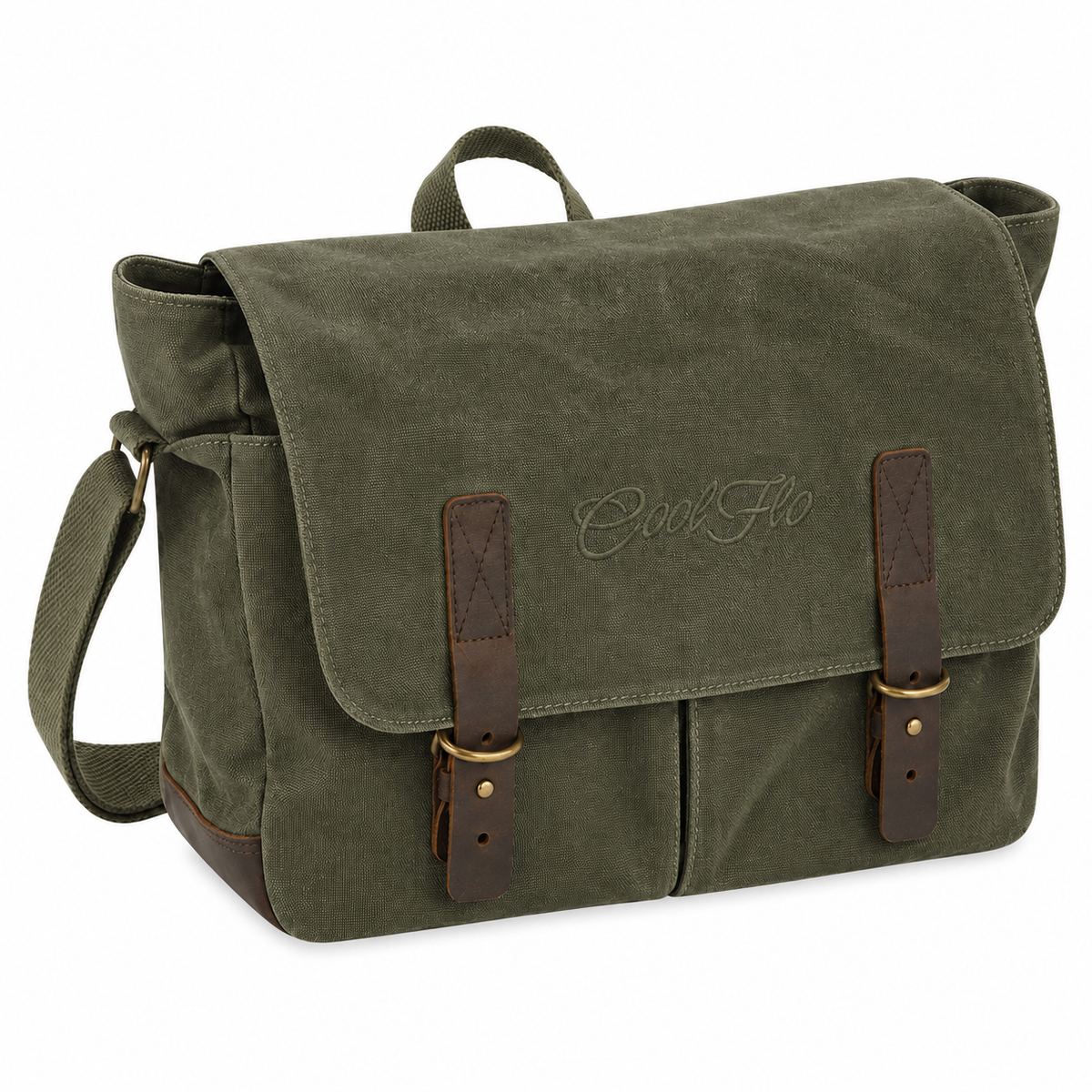 An olive green canvas messenger bag with dark brown leather straps and hardware, featuring a top handle, shoulder strap, and 'Cool Flo' embroidered on the front flap.