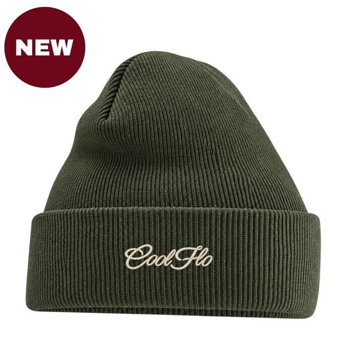 'NEW' Cool Flo Olive beanie with cream script logo embroidered on the cuff.