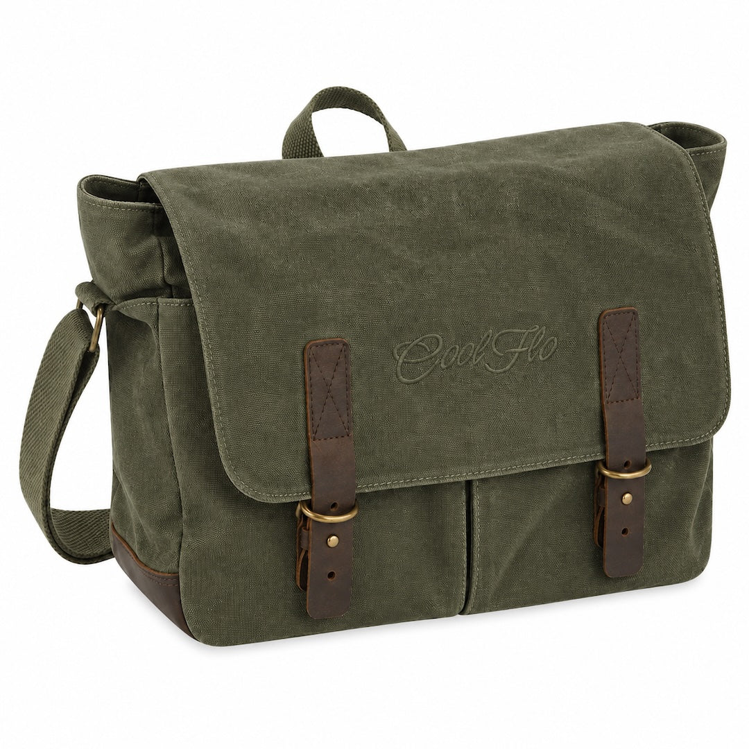 An olive green canvas messenger bag with dark brown leather straps and hardware, featuring a top handle, shoulder strap, and 'Cool Flo' embroidered on the front flap.