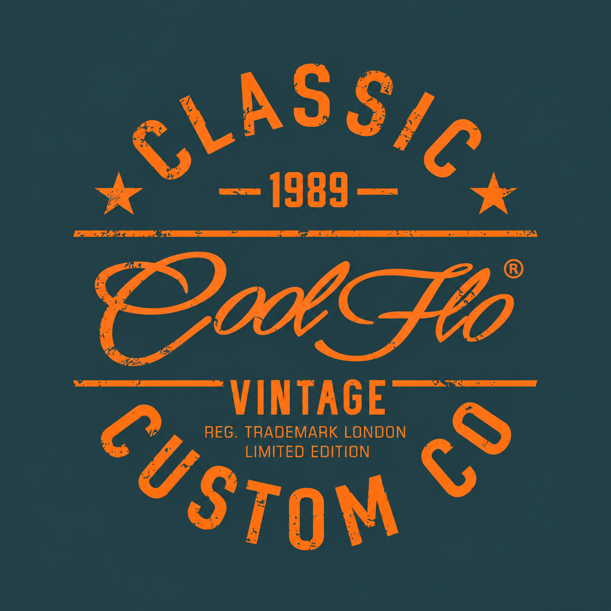 Close up image of Cool Flo Classic Custom Co. design. Orange on Teal.