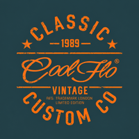 Close up image of Cool Flo Classic Custom Co. design. Orange on Teal.