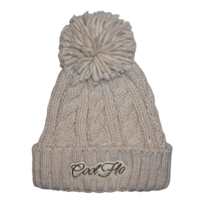 Cable knit bobble hat with script logo. Oatmeal.