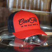 Cool Flo red and black trucker cap with black embroidered logo and 'On the road since '89' design.