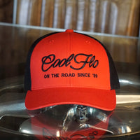 Cool Flo red and black trucker cap with black embroidered logo and 'On the road since '89' design.