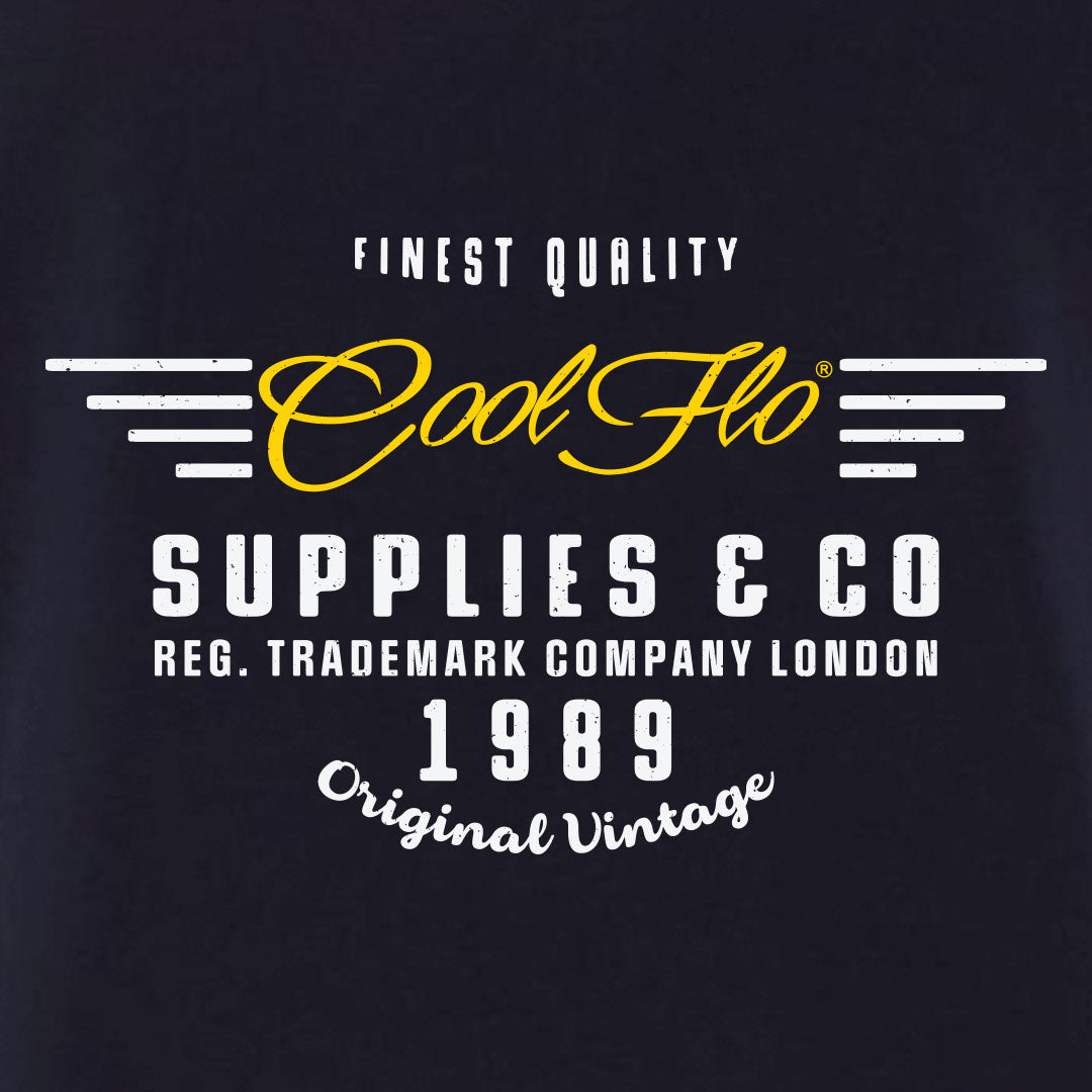 Close-up of Cool Flo Graphic tee design in white and yellow on a navy base. 1989 Original Vintage.