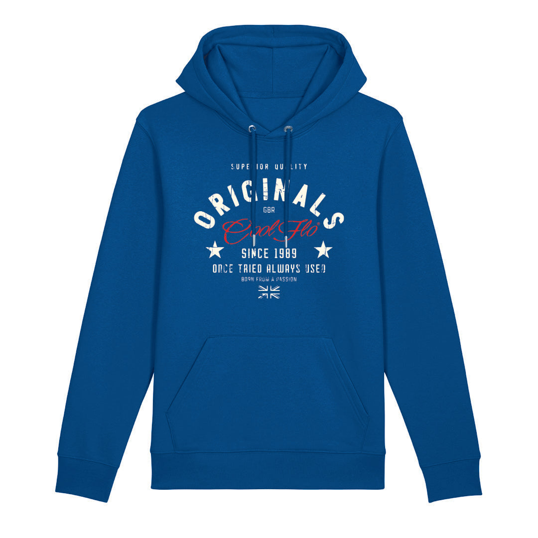 Originals blue hoody featuring a red Cool Flo logo and other white text.