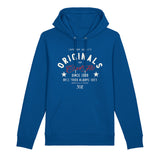 Originals blue hoody featuring a red Cool Flo logo and other white text.