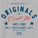 Close-up of Originals grey sweatshirt featuring a red Cool Flo logo and other navy text.