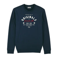 Originals navy sweatshirt featuring a red Cool Flo logo and other white text.